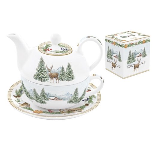 Porcelán egyszemélyes teáskészlet 350ml+350ml, donozban, White Forest