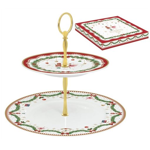 Porcelán süteményes állvány 2 emeletes 19/27cm dobozban, Magie de Noel