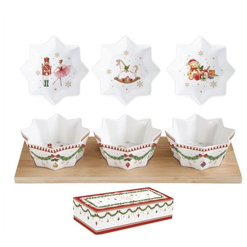 Porcelán csillagtálka szett 3 db-os, bambusztálcán, 34x12cm, Magie de Noel