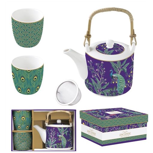 Porcelán teáskanna 600ml, fémszűrővel, 2 porcelánpohárral 160ml, dobozban, Imperial Peacock, Atmosphere