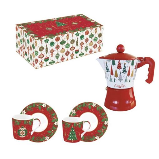 Porcelán eszpresszócsésze+alj 2 személyes, 100ml, kávéfőzővel, dobozban, Jingle Bells, Coffee Mania