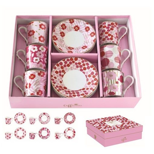 Porcelán eszpresszócsésze+alj 6 személyes, 100ml,dobozban, Coffee Mania,Flower Power pink