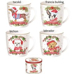 Porcelán bögre 350ml, fémdobozban,Christmas Dog