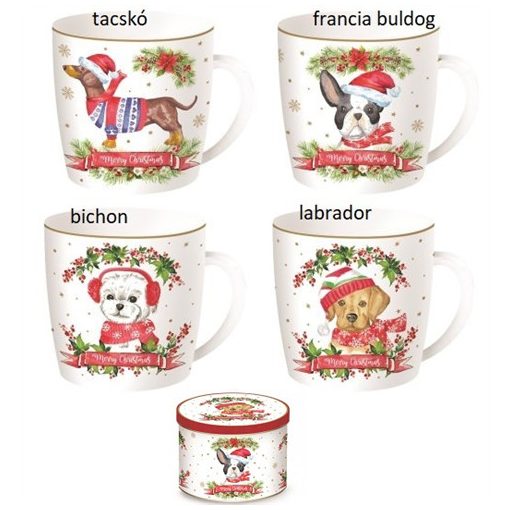 Porcelán bögre 350ml, fémdobozban,Christmas Dog