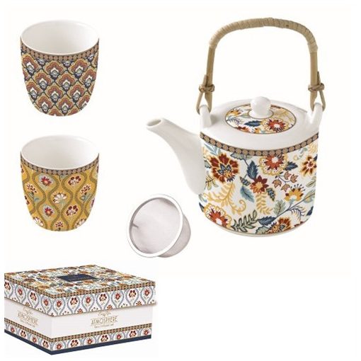 Porcelán teáskanna 600ml, fémszűrővel, 2 porcelánpohárral 160ml, dobozban, Paisley Abundance Atmosphere