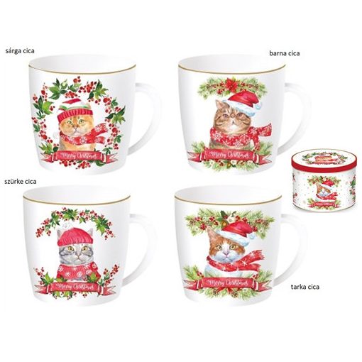 Porcelán bögre 350ml, fémdobozban, Christmas Cats