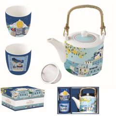   Porcelán teáskanna 600ml, fémszűrővel, 2 porcelánpohárral 160ml, dobozban, Sea Dreams, Atmosphere