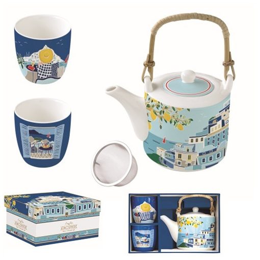 Porcelán teáskanna 600ml, fémszűrővel, 2 porcelánpohárral 160ml, dobozban, Sea Dreams, Atmosphere