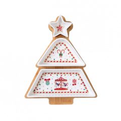   Christmas Wonderland porcelán fenyőfa tálka szett bambusztálcán, díszdobozban