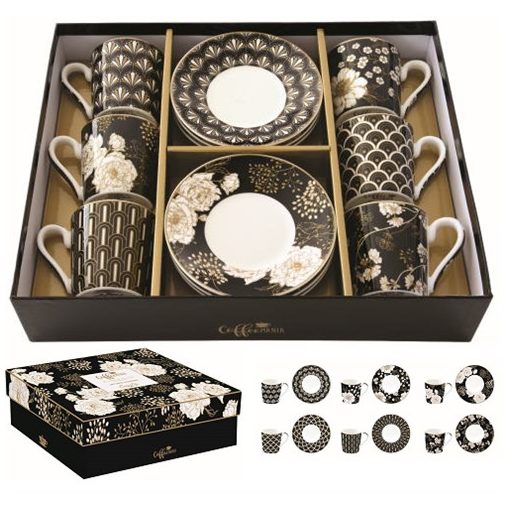 Porcelán eszpresszócsésze+alj 6 személyes, 100ml, dobozban, Coffee Mania, Art Deco & Flowers