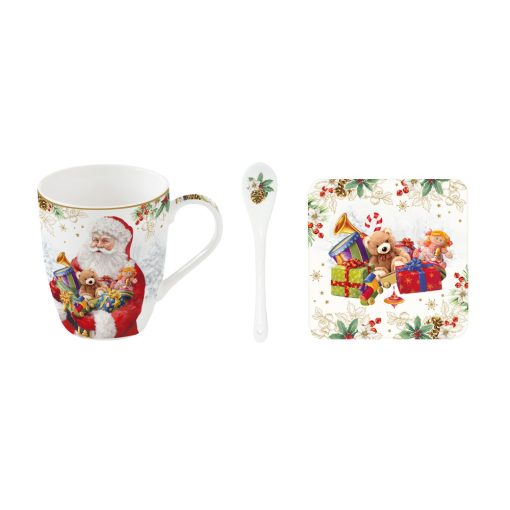 Santa is Coming porcelán bögre 350ml kanállal, parafa poháralátéttel, díszdobozban