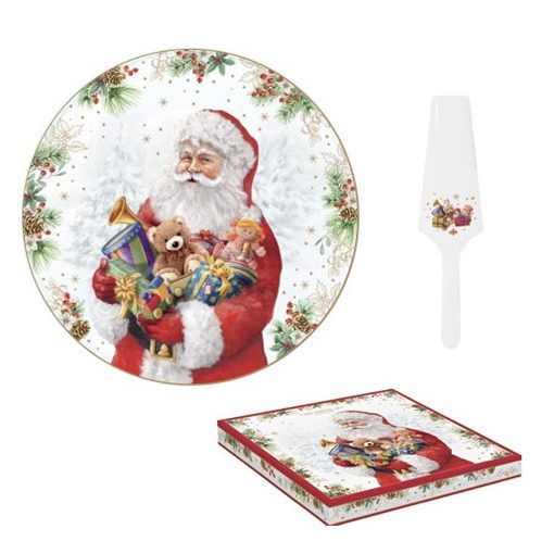 Porcelán tortatál lapáttal, 32cm, dobozban, Santa Is Santa