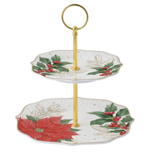 Porcelán süteményes állvány 2 emeletes, 16/21cm, dobozban, Poinsettia & Berries