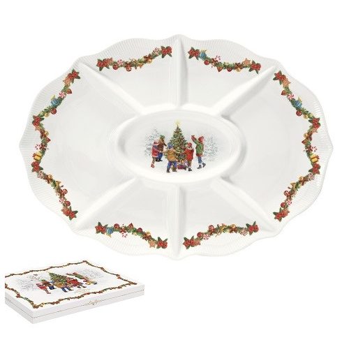 Porcelán kínálótálca osztott, 42x31cm, dobozban, Christmas Round Dance