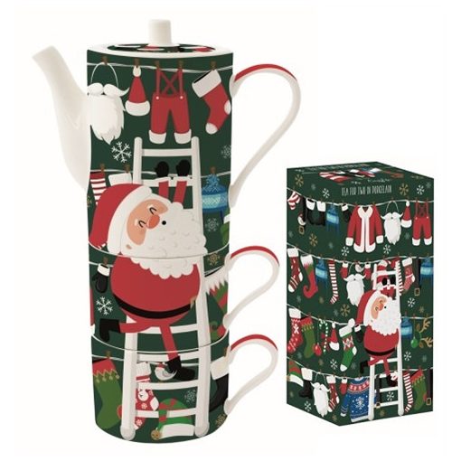 Porcelán bögreszett 2 db, 240ml, teáskannával 500ml, egymásba sorolós, dobozban, Santa's Outfits