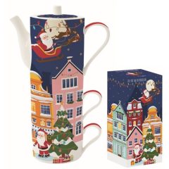   Porcelán bögreszett 2 db, 240ml, teáskannával 500ml, egymásba sorolós, dobozban, Santa in Town