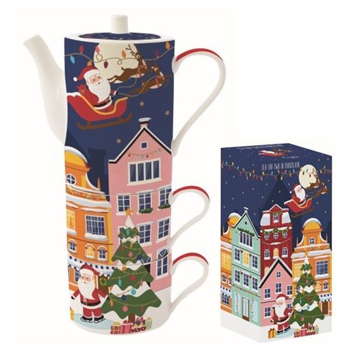 Porcelán bögreszett 2 db, 240ml, teáskannával 500ml, egymásba sorolós, dobozban, Santa in Town