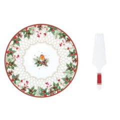   Porcelán karácsonyi tortatál lapáttal, 32cm, dobozban, Christmas Berries