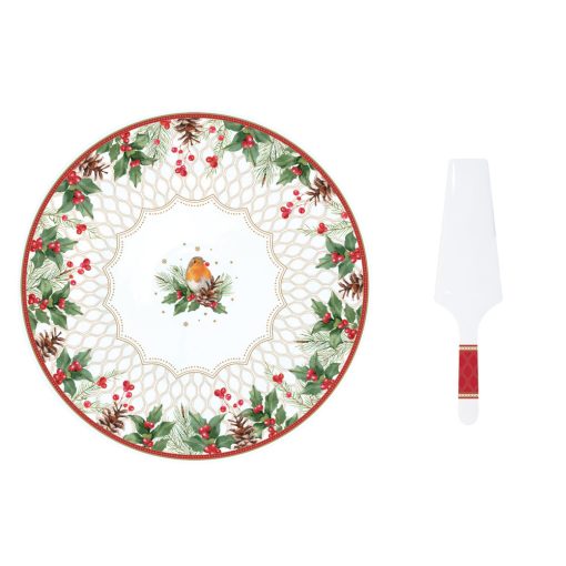 Porcelán tortatál lapáttal, 32cm, dobozban, Christmas Berries