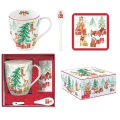   Porcelánbögre 350ml kanállal, parafa poháralátéttel, dobozban, Christmas Gang