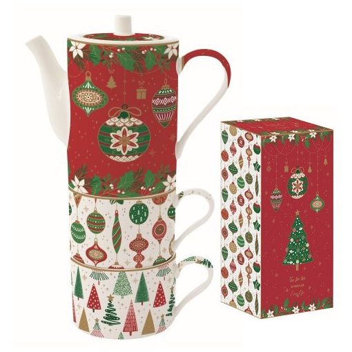 Porcelán bögreszett 2 db, 240ml, teáskannával 500ml, egymásba sorolós, dobozban, Jingle Bells