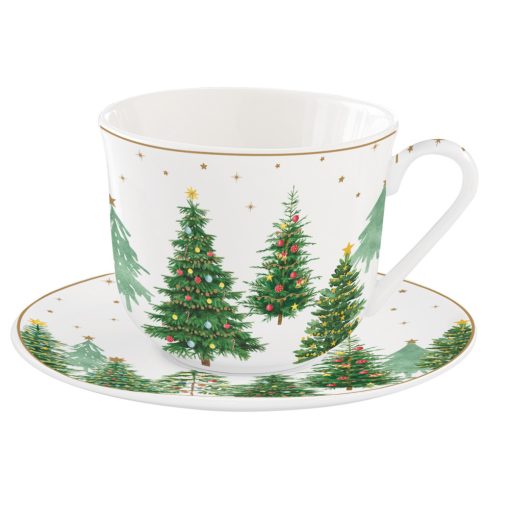 Porcelán reggelizőcsésze+alj 400ml, dobozban, Festive Trees