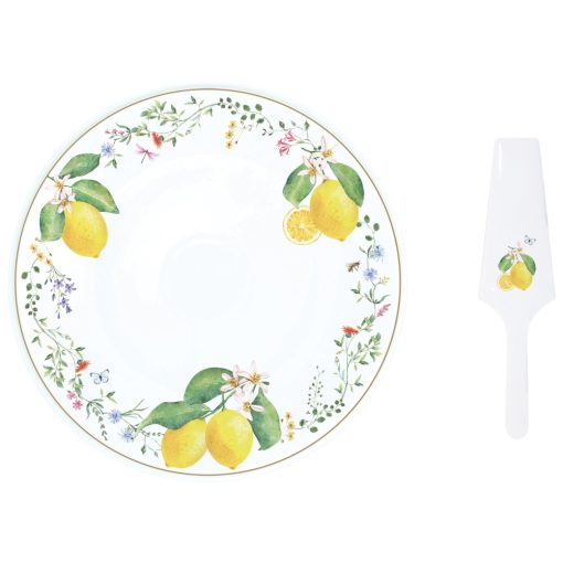 Porcelán tortatál lapáttal, 32cm, dobozban, Fleurs et Citrons