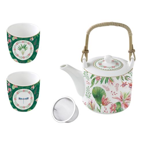 Porcelán teáskanna 600ml, fémszürővel, 2 porcelánpohárral 160ml, dobozban, Botanic Chic