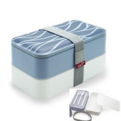   Műanyag lunch-box 2 rekeszes, műanyag evőeszközzel, hullámmintás							