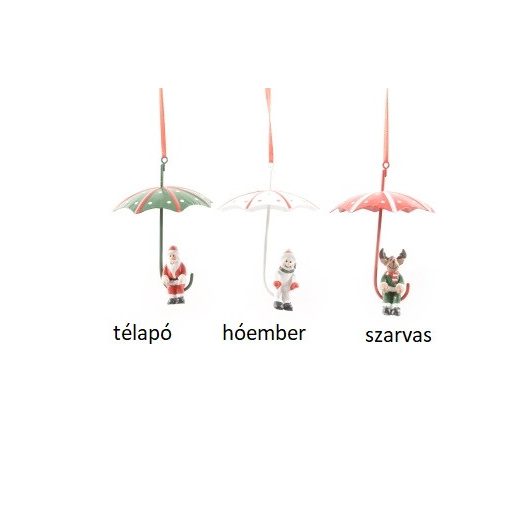 Esernyős télapó/hóember/réni figura fém függődísz 8x8x12cm