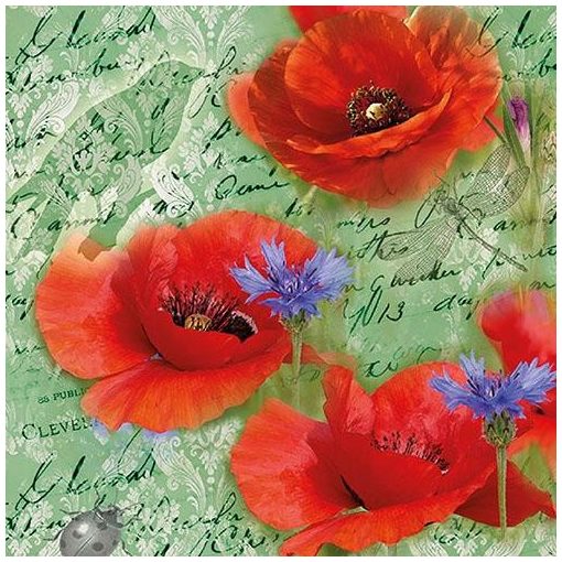 Painted Poppies Green papírszalvéta 33x33cm, 20db-os