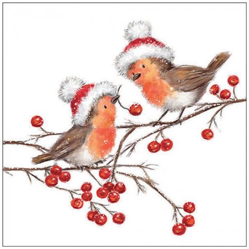 Christmas robins white papírszalvéta 33x33cm, 20db-os