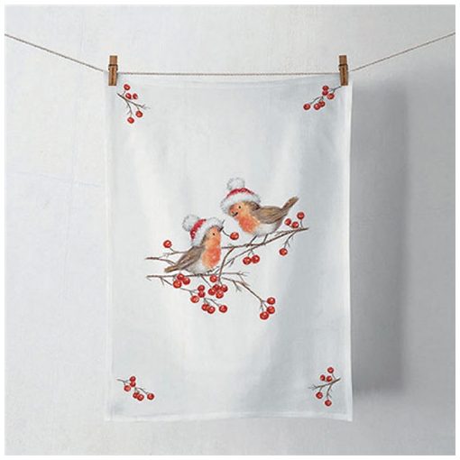 Christmas robins white konyharuha 50x70cm, 100% pamut