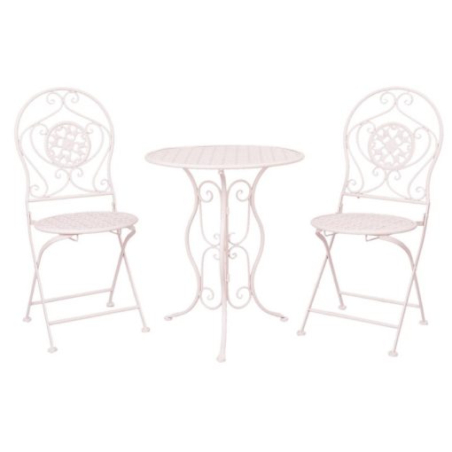 Provanszi antikolt fehér kovácsoltvas jellegű kerti asztal 2db székkel