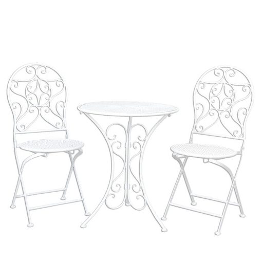 Antikfehér fém rácsos asztal 2 székkel, 60x70/40x40x92cm