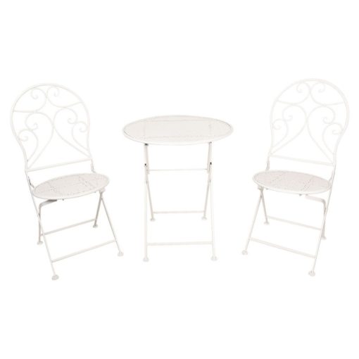 Provanszi antikolt fehér kovácsoltvas jellegű asztal, 2db székkel