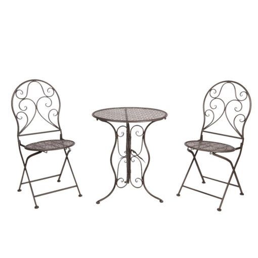 Kovácsoltvas jellegű asztal 2db székkel 60x70cm/40x40x92cm,antikolt barna
