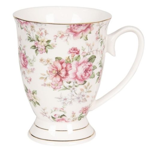 Porcelánbögre rózsaszín virágos 11x8x10cm/300ml, aranyszegéllyel