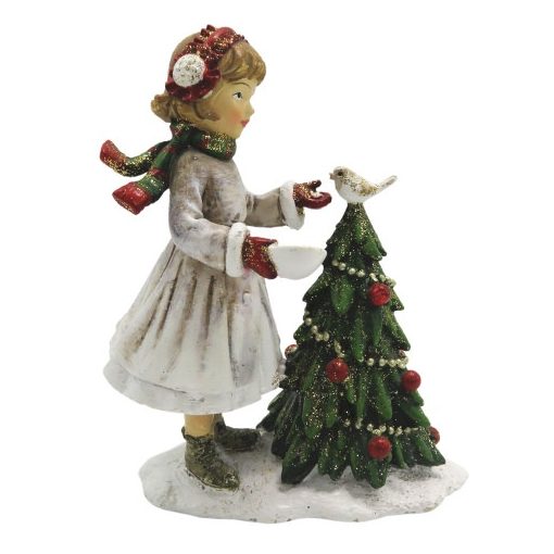 Madarat etető kislány karácsonyi dekorfigura fenyővel, 9x5x12cm
