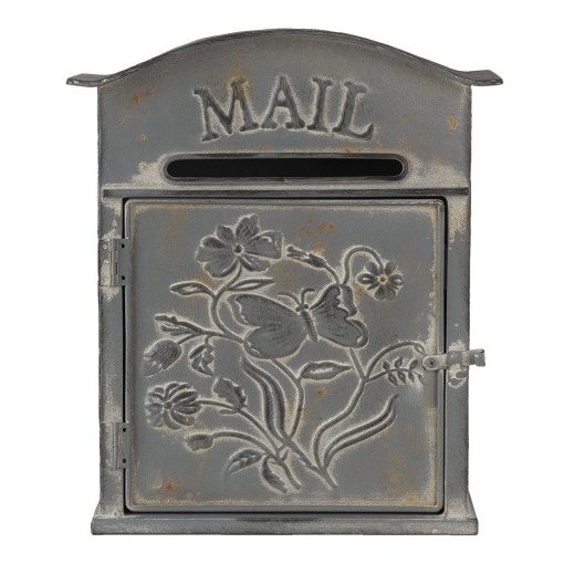 Antikolt szürke fém postaláda, lepkés, 26x10x31cm