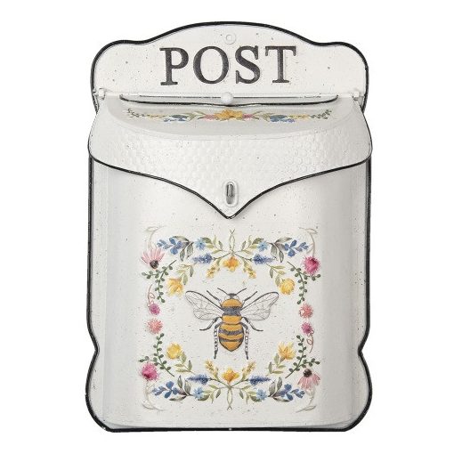 Fehér fém postaláda színes virágos, méhecskés, 27x8x39cm