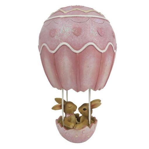 Nyuszpár rózsaszín hőlégballonban, 11x11x19cm, műanyag