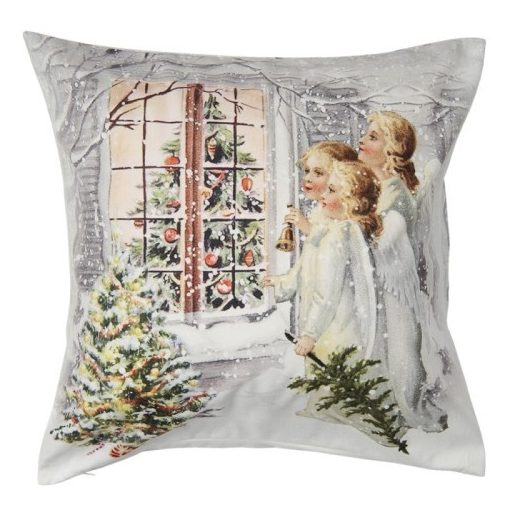 Textil párnahuzat 45x45cm, polyester, karácsonyi ablakban éneklő angyalok