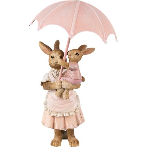 Nyuszimama, ölében nyuszigyerekkel, esernyővel, 8x5x12cm, húsvéti dekorfigura