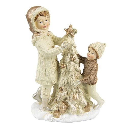 Bézs-barna kötöttpulcsis kislány és kisfiú karácsonyfával, 10x5x14cm, karácsonyi dekorfigura