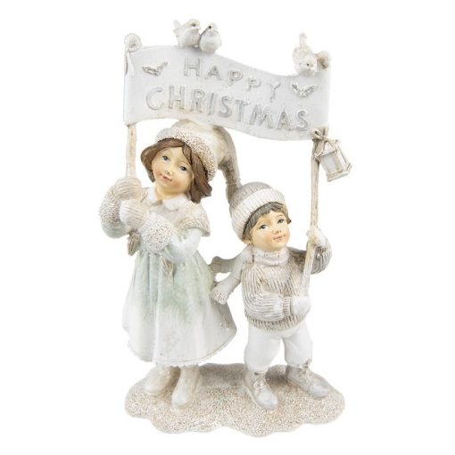 Gyerekek Happy Christmas táblával, 14x7x23cm, fehér-ezüst karácsonyi dekorfigura