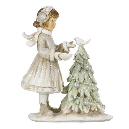 Kislány madaras fenyővel, 10x5x12cm, krémszínű karácsonyi dekorfigura