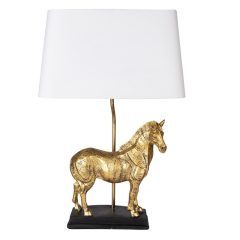 Arany színű lovas asztali lámpa fehér lámpaernyővel