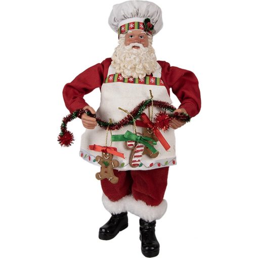 Textilruhás télapó szakácssapkában mézeskalácsfüzérrel, karácsonyi dekorfigura, 28cm