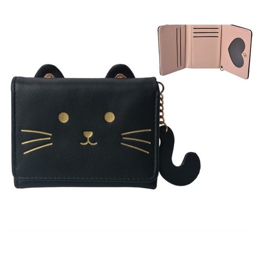 Műbőr pénztárca 10x8cm, fekete macska
